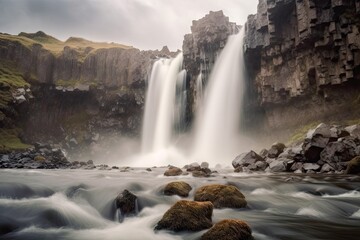 Obraz premium River and Lush Greenery in a Serene Landscape. Beautiful Waterfall Landscape