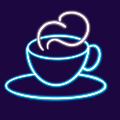neon cup of hot coffee glowing desktop icon, cup of hot tea neon sticker, neon figure, glowing figure, neon geometrical figures 