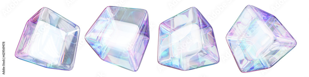 Wall mural 3d glass futuristic transparent reflective cubes. Colorful iridescent square block. Modern square prismatic figures on different views. Geometric element with refractive gradient. 3d rendering.