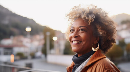 Lifestyle portrait of happy mature black woman with curly gray hair traveling in idyllic hillside village
