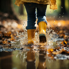 kin dsprint in pfütze mit regenschirm regenmantel und gelben regensteifeln - regenstiefeln., erstellt mit genetativer ki, fiktiver charakter