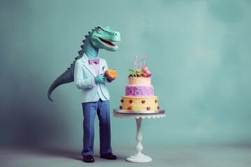 Dinosaur as a man dressed as a groom next to a wedding cake decorated with flowers.