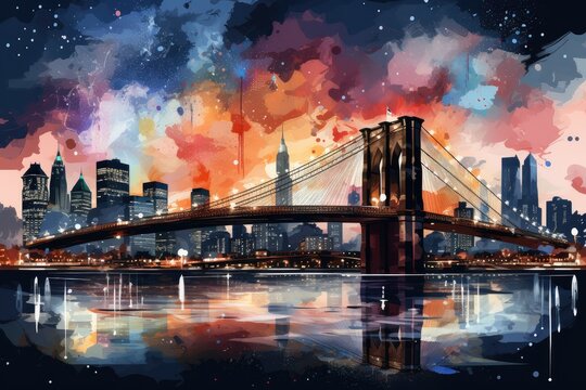 Beautiful colorful night New York. Brooklyn Bridge, watercolor. Urban landscape. Generative AI