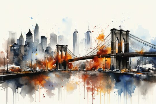 Beautiful colorful night New York. Brooklyn Bridge, watercolor. Urban landscape. Generative AI