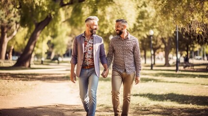 Two handsome stylish gay men. Men in love walk in the park, Happy and smiling partners hold hands. Romantic relationships between men. Generative AI.