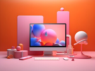 Colorful computer monitor with books and plants on yellow and pink background. 3d rendering illustration created with Generative AI technology