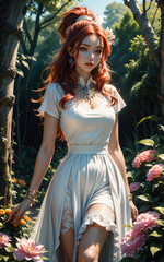 Beautiful girl in Medieval style. Beautiful medieval style dressed anime girl in the forest.