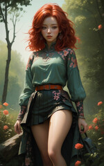 Fototapeta na wymiar Beautiful girl in Medieval style. Beautiful medieval style dressed anime girl in the forest.