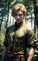 fantasy handsome man. Handsome male posing in the forest. Handsome medieval boy.