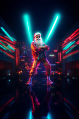 Trendy Santa Claus in fluorescent clothes illuminated by neon lights on a dark background. Concept of Christmas and New Year celebration and party, Luminous colors. Generative AI.