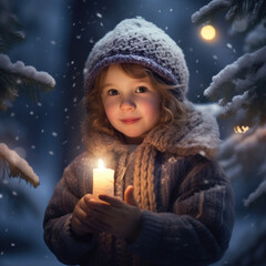 Winter fairytale. Little smiling girl with candle in frozen forest on Christmas eve