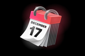 December 17 3d calendar icon with date isolated on black background. Can be used in isolation on any design.