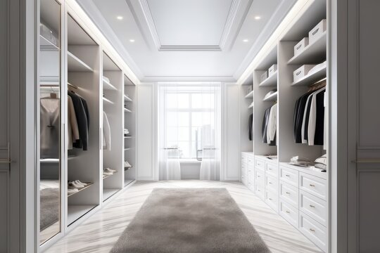 White luxury walk in closet interior with light from the window