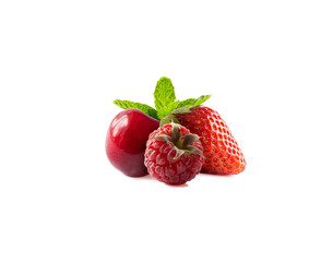 Raspberry, cherry, strawberry фтв mint leaf with clipping path. Berries and fruits with copy space for text. Three isolated berries.