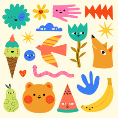 Vector illustration set with food, animals, abstract elements. Cute and trendy print collection, sticker pack template - 629572261