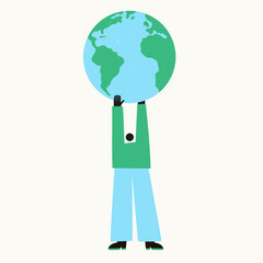 Vector illustration with man holding earth globe. Grunge texture, abstract design. Eco concept art print, ecology ideas, environment poster