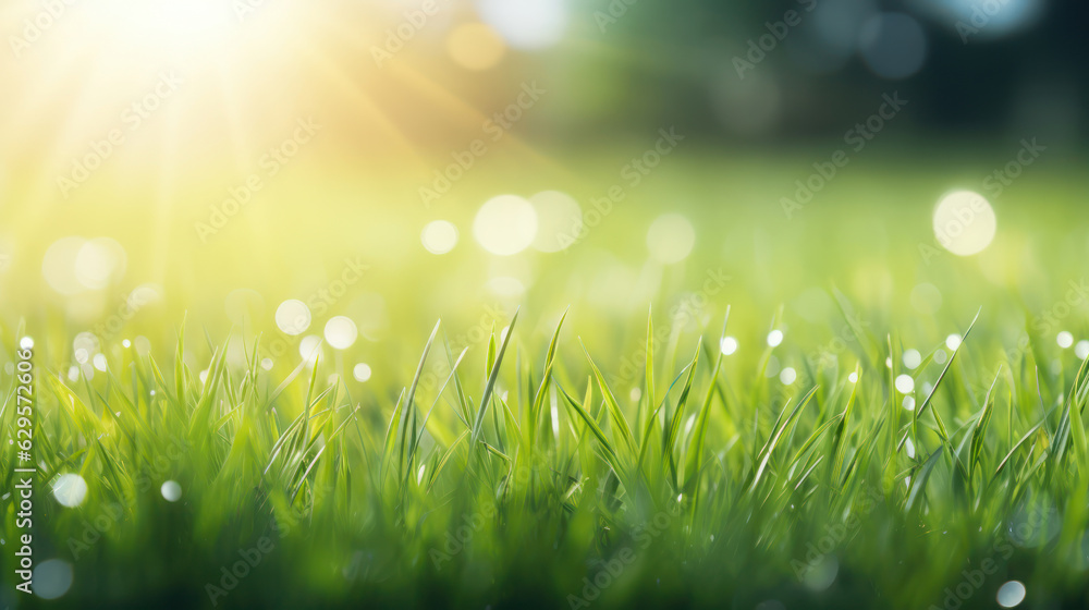 Poster natural grass field background with blurred bokeh and sun rays