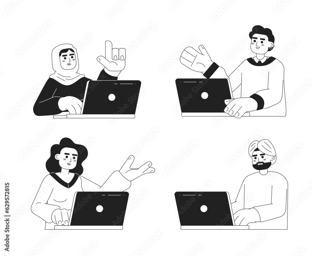 Poster busy workersmonochromatic flat vector characters pack. editable thin line half body multicultural of