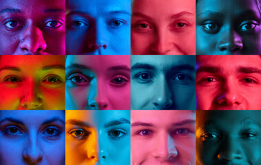Close-up. Cropped male and female faces, eyes looking at camera over colorful neon lights. Concept...
