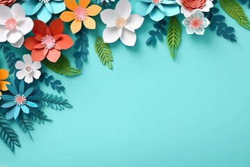 top view of colorful paper cut flowers with green