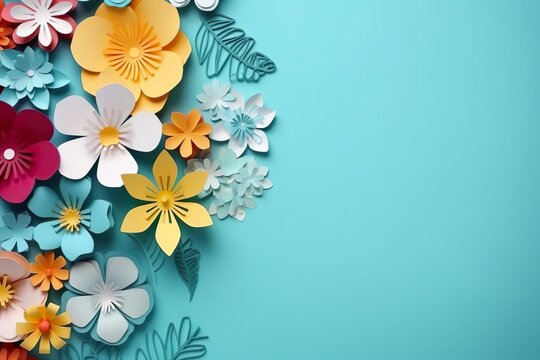 top view of colorful paper cut flowers with green