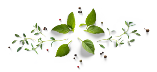 Fototapeten Collection of fresh herb leaves. thymeand basil Spices, herbs on a white table. PNG Food background design element with transparent shadow on transparent background. © Konstiantyn