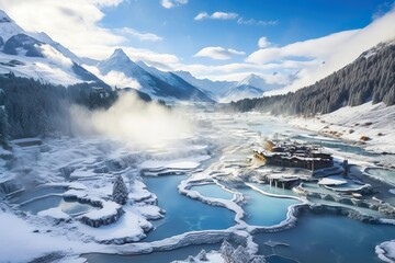 Panoramic aerial view of Huanglong covered with snow