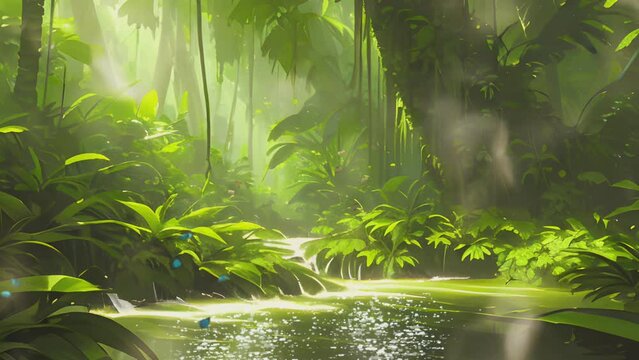 Tropical green forest with sparkling water and butterflies. Cartoon or anime illustration style. seamless looping 4K time-lapse virtual video animation background.