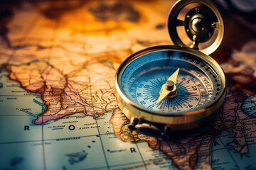 Fototapeta na wymiar Magnetic compass on world map.Travel geography