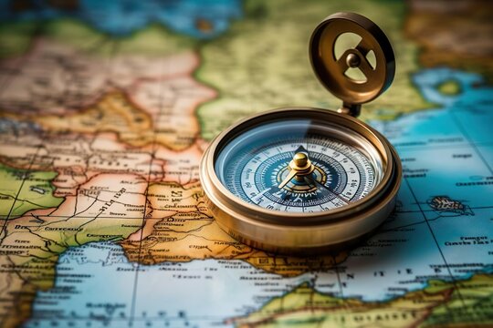 Magnetic compass on world map.Travel geography © Jodie