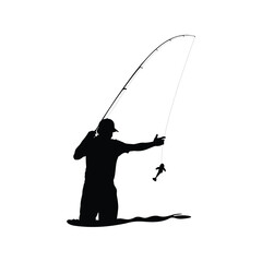 Obraz premium Vector illustration silhouette of a fisherman with fishing rod get fish