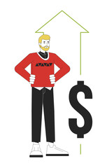 Personal finance growth flat line concept vector spot illustration. Positive man holding hands on waist 2D cartoon outline character on white for web UI design. Editable isolated color hero image