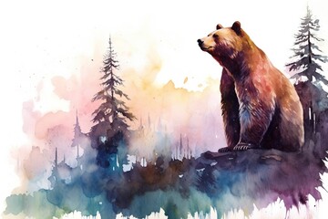 water color illustration of a bear in the wild - obrazy, fototapety, plakaty