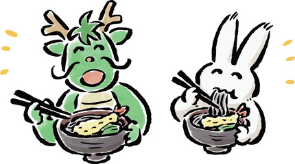 卯年から辰年へ　年越しそばを食べるうさぎと辰の手描きイラスト
