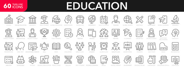 Education and e-learning icons set. Learning, school, student, college, teacher, sciences, e-book and more - stock vector. - obrazy, fototapety, plakaty