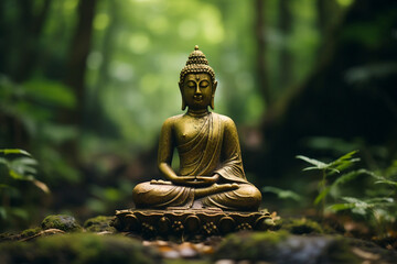 Serene Golden Buddha Statue Meditating in Lush Jungle Setting
