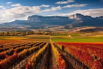 Fall in La Rioja: Vineyards with San Lorenzo Mountain Backdrop Amidst Rich Agriculture Countryside. Generative AI