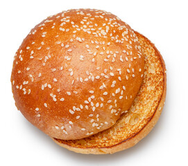 Sesame seed hamburger buns on white background. File contains clipping path.