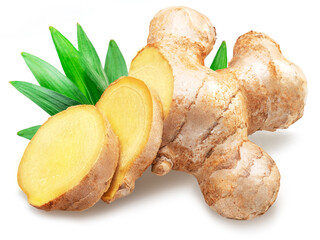 Fresh ginger root and ginger slices with leaves isolated on white background.