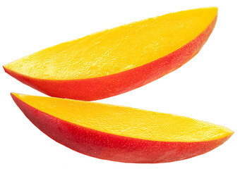 Two mango slices isolated on white background.