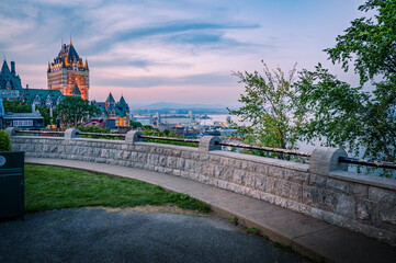 Nice and warm summer evening aound Chateau Frontenac under dusk light, Old Quebec city, Canada