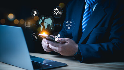 Businessman using mobile smartphone on global network connection on investor and customer with sale...
