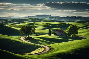 Fototapeta premium A field with green grass and rolling hills. AI generative