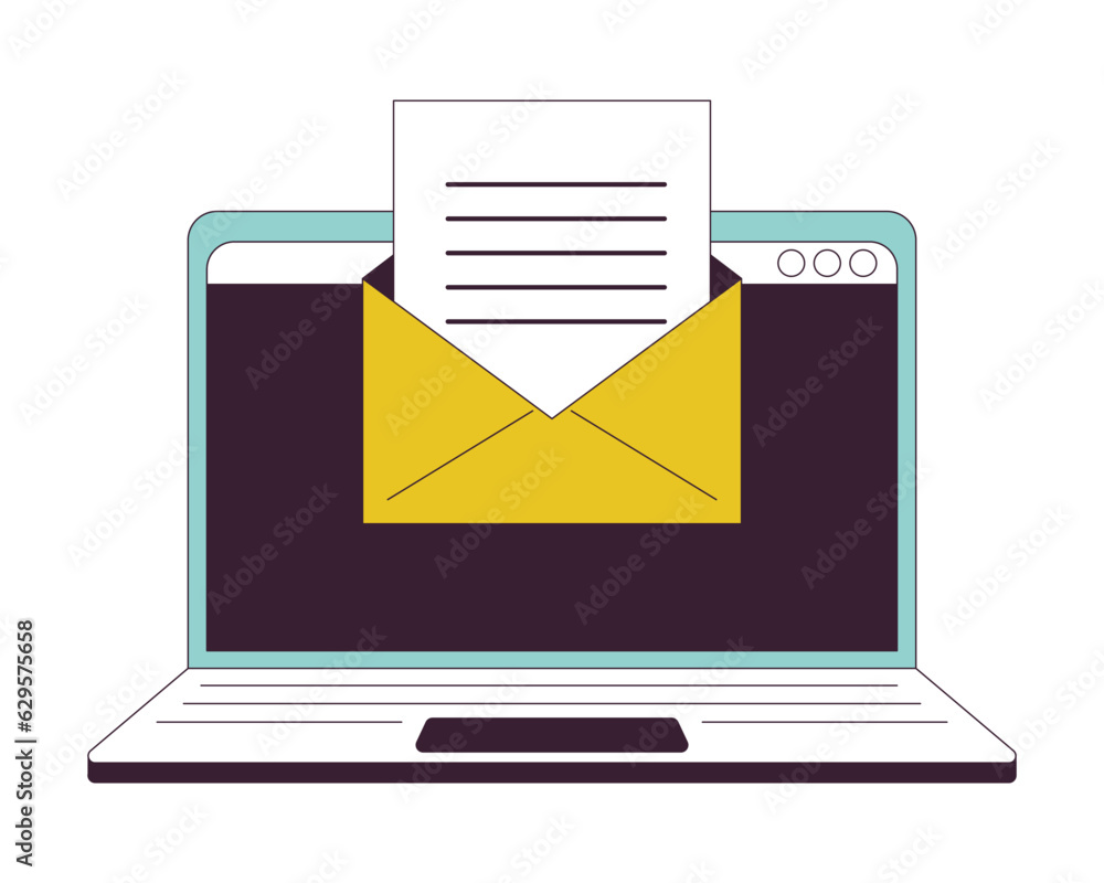 Poster email on laptop flat line color isolated vector object. virtual communication. editable clip art ima