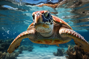 A sea turtle roams leisurely in the vast ocean. AI generative