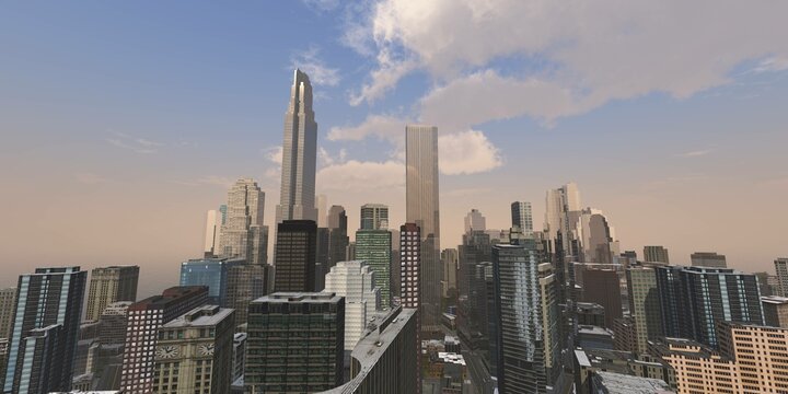 Urban landscape against the sky, general plan of the city, 3d rendering