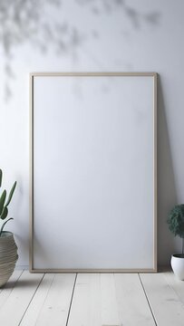 Video mockup, picture frame blank template, poster print wooden frame mock up, wall art canvas showcase, artwork painting photo presentation, vertical, cozy boho living room, minimalist aesthetic 