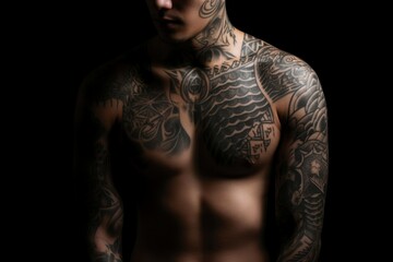 Fototapeta na wymiar Man tattoos body face. Generate Ai