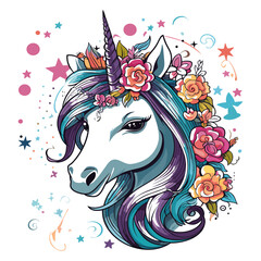 Cute watercolor design with magic unicorn and flowers