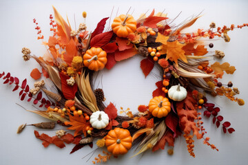 Autumn wreath made with leaves, pine cones and pumpkins against a white background